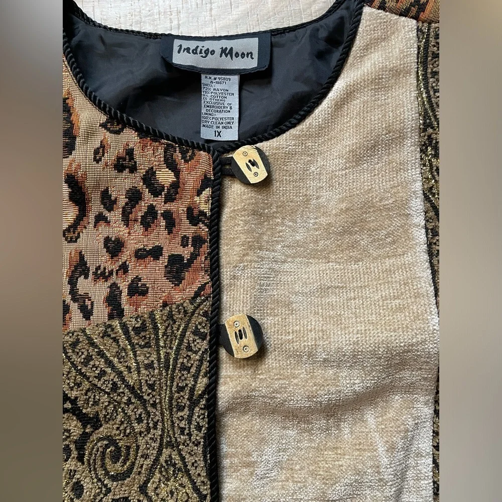 Indigo Moon women’s patchwork jacket 1X- leopard print, paisley
